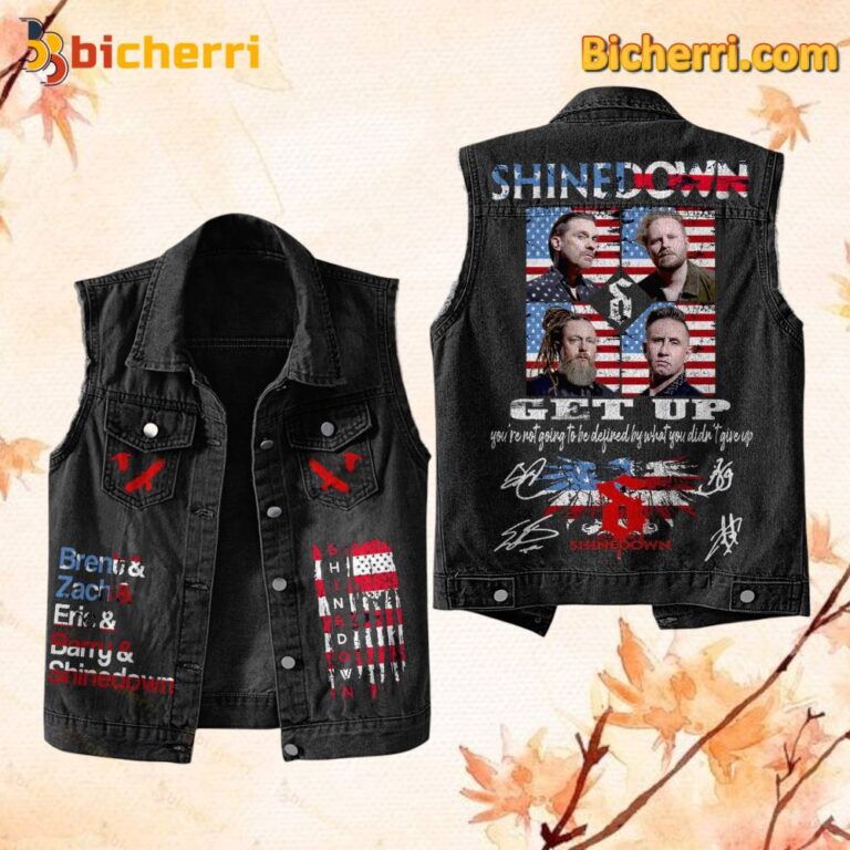Shinedown Get Up American Flag Signatures Sleeveless Denim Jacket 4zsekbU