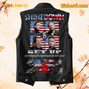 Shinedown Get Up American Flag Signatures Sleeveless Denim Jacket-a 45ZEtPf