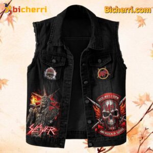 Slayer Born To Slay Forced Fir Freedom Sleeveless Denim Jacket-b agbO1Fp